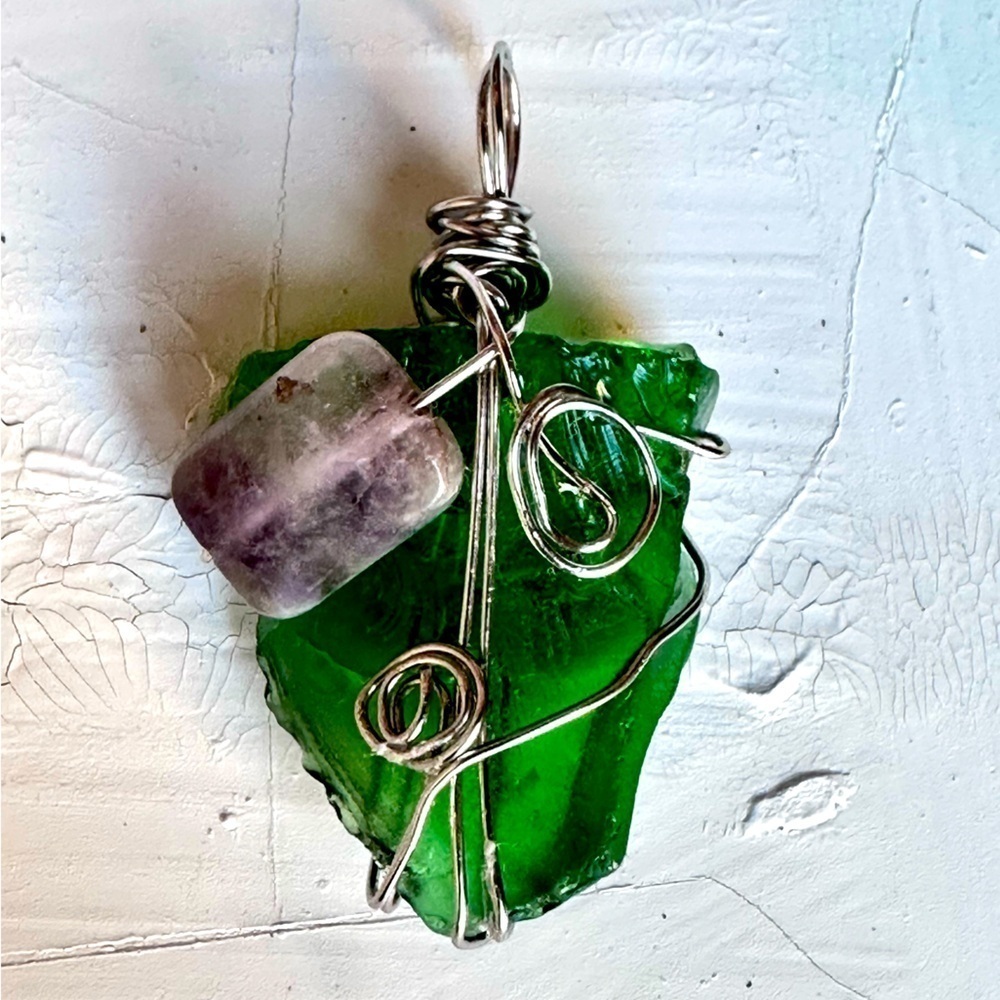 Collage Beach Glass Beaded Pendant Wire Wrapped Brut Handmade Art To Wear 4226 Y